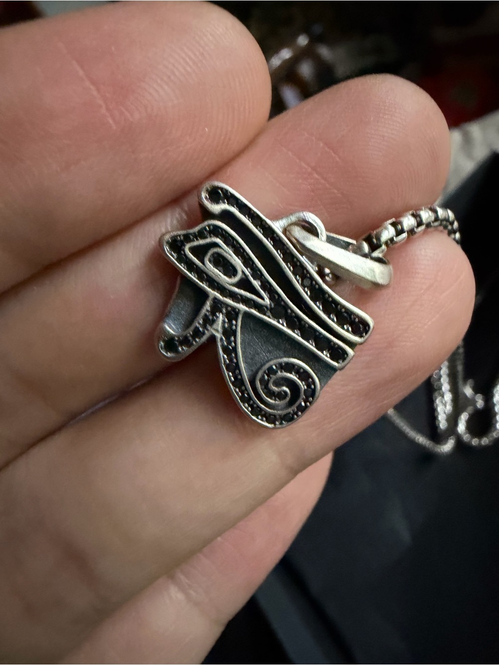 David Yurman Sterling Silver Eye of Ra Black Diamond Pendant with Silver Chain
